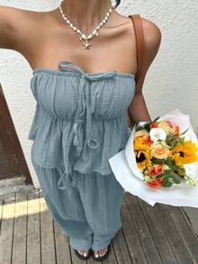 SHEIN EZwear Hazy Blue Woven Women's Bandeau Vacation Casual Outfit Boho  Two Piece Set For Women - Dusty Blue - View 3