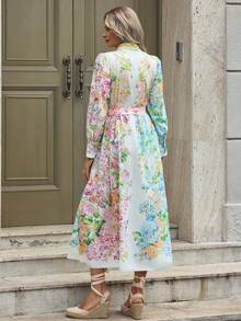 EMERY ROSE 法式优雅花卉印花泡泡袖立领纽扣腰连衣裙，春季女款 - 彩色 - 查看 2