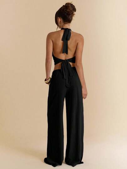 SHEIN BAE 2 件套女士纯色浅蓝色亚麻露背吊带背心和阔腿裤，亚麻套装，度假装