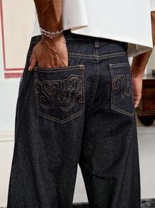 SWAVVY Vintage American Niche Design Washed Denim Wide Leg Jeans, Slimming & Versatile - Blue - View 3