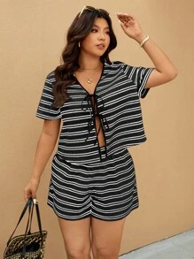 Elaquor Plus Size 2pcs/Set Striped Short Sleeve Shirt And Shorts,2 Pieces Summer Outfit,Business Casual Woman