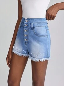 Slaydiva 女士时尚水钻磨边口袋牛仔短裤 - 淺色水洗藍 - 查看 5