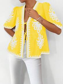 Breezaya Blouse femme à manches bouffantes avec nœud devant et imprimé floral - Multicolore - Voir 4