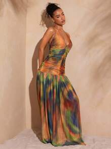 Hauture Sexy Summer Vacation Abstract Printed Deep Plunge Ruched Halter Open Back Maxi Dress - Multicolor - View 3