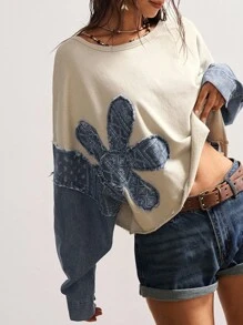 Bohemela BOHO Countryside Vacation Casual Knit Patchwork Floral Pattern Denim Loose Crew Neck Long Sleeve Sweatshirt For Women In Fall/Winter