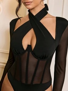 Zolique Crisscross Halter Neck Mesh Insert Bodysuit Fall Cloth For Women - Black - View 2