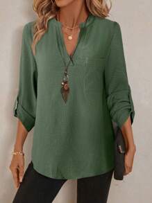 EMERY ROSE 女式 V 领纯色纹理面料休闲夏季衬衫 白色 V 领衬衫 女式衬衫 女式亚麻衬衫 女式白色衬衫 秋季女装 商务休闲女装 纽扣衬衫 女式纽扣衬衫 女式 V 领上衣 绿色 V 领上衣 女式 V 领衬衫 橄榄绿女式上衣 女式休闲 V 领上衣
