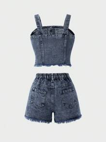 SHEIN Tween Girls Fashion Fitted Slim Stylish Distressed Light Wash Blue Denim Camisole Top Paired With Fitted Slim Distressed Light Wash Blue Denim Shorts, Casual Daily Versatile Girls Denim Set Fall Winter - Dark Wash - View 2