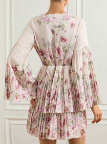 Aveloria Rosie فستان قصير بأكمام طويلة وياقة على شكل حرف V مطبوع بزهور، مع أساور وحافة مطوية، تصميم مشدود للخصر، مناسب للخروجات اليومية والمواعيد - متعدد الألوان - مشاهدة 2