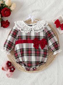 SHEIN 女婴优雅格子彼得潘领连体衣，秋季格子婴儿连体衣红色格子婴儿套装 - 彩色 - 查看 9