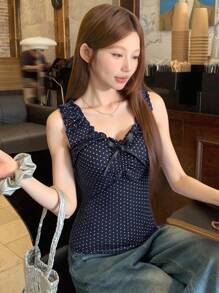 DAZY Women's Korean Style Polka Dot Elegant Sleeveless Bow Blouse Going Out Tops - Navy Blue - View 2