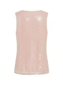 Ellevyn 女式 V 领荷叶边无袖亮片宽松优雅休闲衬衫，适合春夏、秋季 - 粉色 - 查看 4