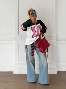 SHEIN Teen Girls' Loose V-Neck Drop Shoulder Letter Print Casual Sports T-Shirt, Blokette Long Sleeve Tee, Summer Fall Winter - Black - View 1