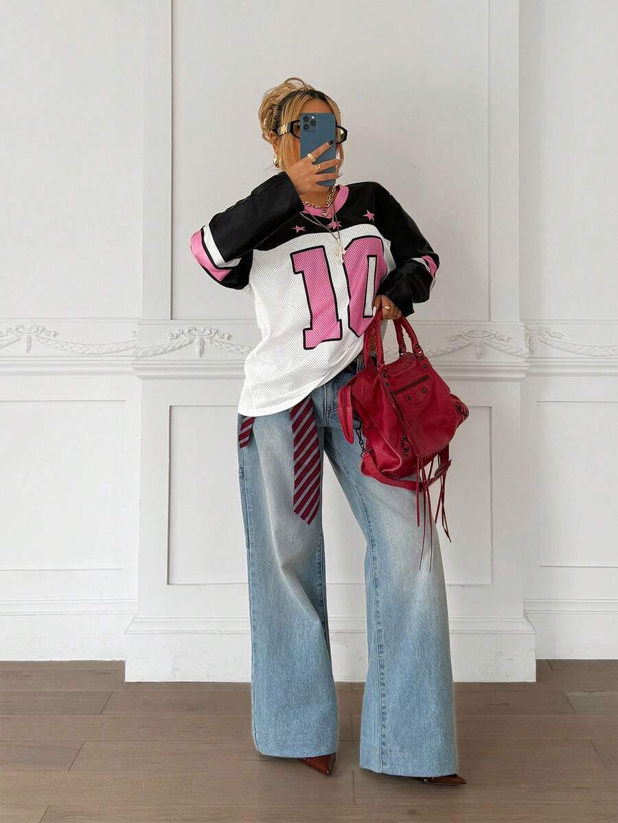 SHEIN Teen Girls' Loose V-Neck Drop Shoulder Letter Print Casual Sports T-Shirt, Blokette Long Sleeve Tee, Summer Fall Winter - Black - View 1