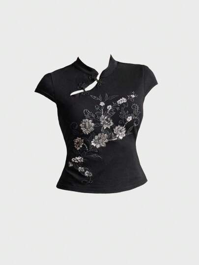 ROMWE Avant Y2K Chic Chinese Style Stand Collar Beaded Embroidery Fitted Women Top