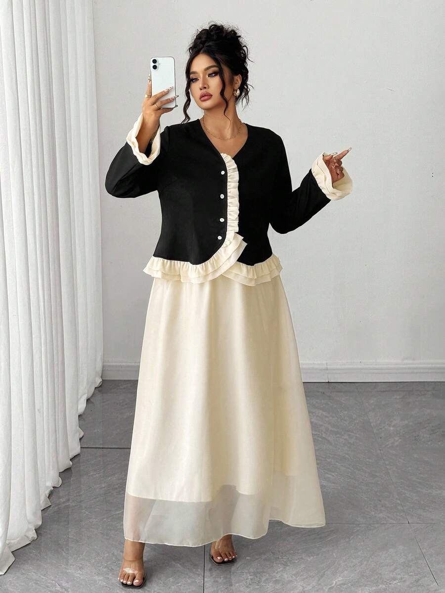 Elenzga Plus Size Women's Elegant French Style Black Patchwork Ruffle Flare Sleeve Button Blouse And Contrasting Color Mesh A-Line Maxi Skirt Two Pieces Set, Autumn/Winter Fall Cloth For Women