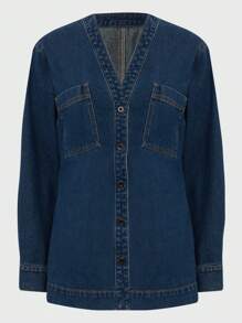 Daynim 女式休闲长袖开襟牛仔夹克 - 中等水洗藍 - 查看 6