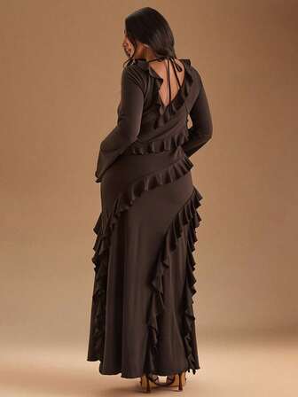 SHEIN BAE 大码长袖连衣裙，浪漫甜美荷叶边秋季连衣裙，适合约会、旅行、秋季内衣、蝴蝶结、女士夏季连衣裙、女士节日派对服装、优雅、生日服装、网眼、性感连衣裙、大码生日礼服、上衣、合身、纯色T恤、女士基本款上衣、西方女装、夏季衬衫、夏季上衣、紧身衬衫、复活节、春季服装、情人节