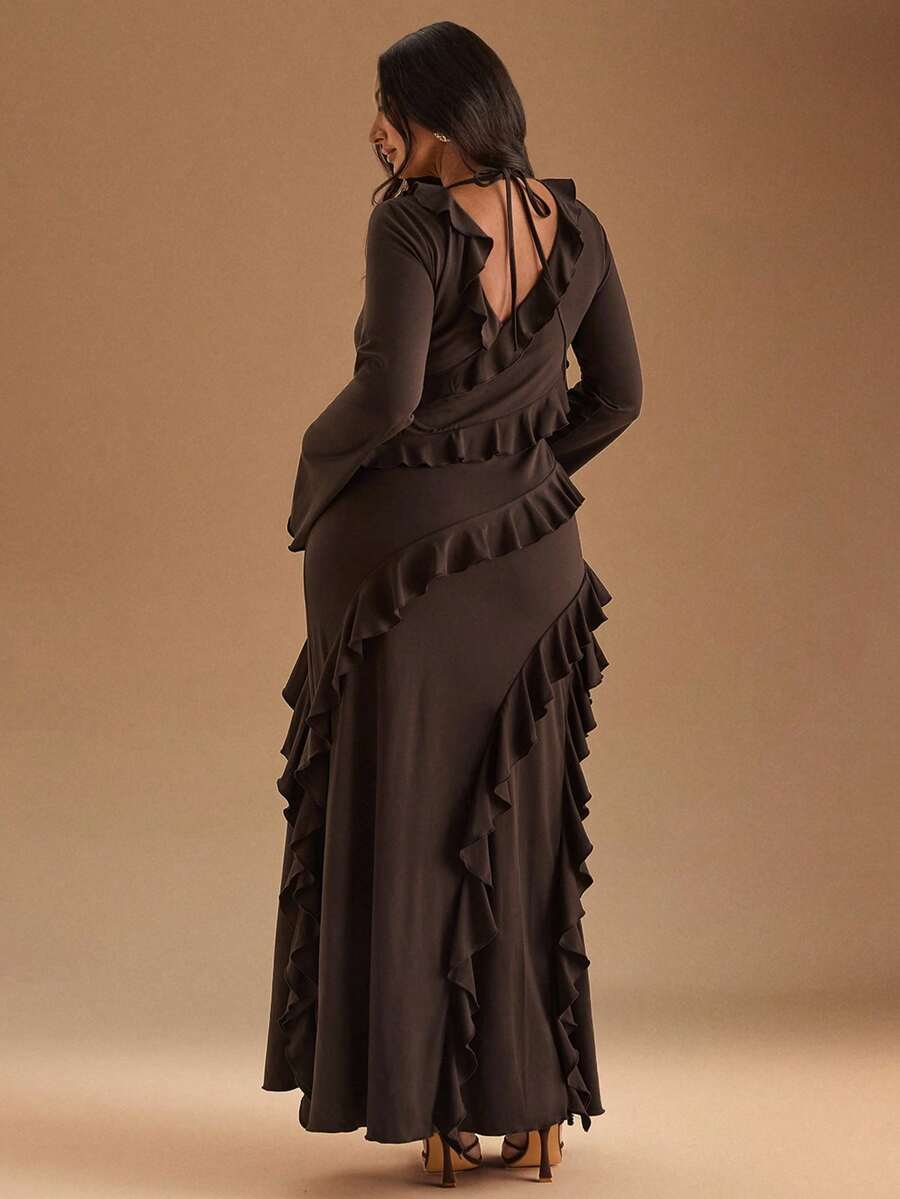 SHEIN BAE 大码长袖连衣裙，浪漫甜美荷叶边秋季连衣裙，适合约会、旅行、秋季内衣、蝴蝶结、女士夏季连衣裙、女士节日派对服装、优雅、生日服装、网眼、性感连衣裙、大码生日礼服、上衣、合身、纯色T恤、女士基本款上衣、西方女装、夏季衬衫、夏季上衣、紧身衬衫、复活节、春季服装、情人节 - 棕色 - 查看 1