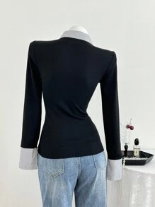 Elamini 女士休闲合身针织条纹衬衫 - 黑色 - 查看 2