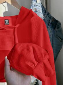 Comfortcana Plus Size Red Knit Cropped Sweatshirt Red Crop Tops Red Cropped Sweatshirts,Fall Clothes For Women Winter Autumn - Red - View 4