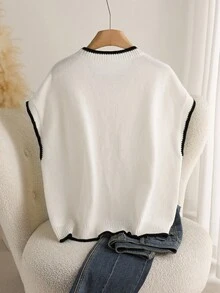 CosyJoli Áo len cổ tròn không tay màu tương phản cỡ lớn dành cho nữ Áo len đen trắng Áo len Áo len Áo len nữ Áo len trắng Áo trắng và đen cho mùa thu/đông - Màu be - Xem 2