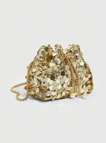 CUCCOO SZL 1个链条抽绳封口PVC亮片闪亮金属仿珍珠装饰彩色女士水桶包单肩斜挎金色手拿包，时尚礼物，适合女士派对晚装，完美搭配女士舞会礼服、舞会配饰、亮片连衣裙、闪亮连衣裙、优雅连衣裙、优雅舞会包，完美搭配新娘派对、金色包包、亮片 - 金色 - 查看 9