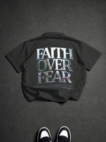 Manfinity Roghcode Áo sơ mi nam tay ngắn in khẩu hiệu thường ngày, mùa hè - Màu xám đen - Xem 3