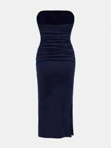 Tween Girl Casual Streetwear Summer Outfit Split Thigh Black Tube Snug Fit Dress, Matching Family Set Strapless Dress Teen Girls Tube Top Dress Navy Blue Dress Tween Girl Midi Dress Girls Midi Dress - Navy Blue - View 2