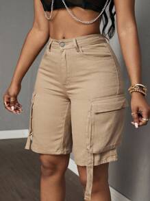 SHEIN Tall Women Knee-Length Solid Color High-Waist Skinny Cargo Denim Shorts - Khaki - View 5