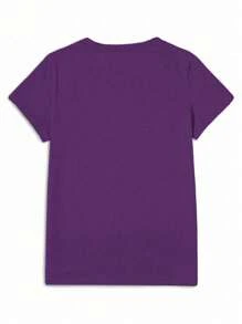 Women's Purple Floral Print Round Neck Short Sleeve T-Shirt, Suitable For Summer - Purple - View 2