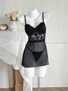 Contrast Lace Chain Detail Mesh Sexy Lingerie Dress With Thong - Black - View 4