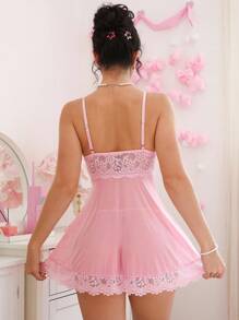 PetitDoll Pink Mesh Babydoll With Lace Details And Spaghetti Straps For A Look Babydoll Lingerie Dress Pink Lingerie Dress Babydoll Lingerie Set Lingerie Sleepwear Lace Babydoll Lingerie, Going Out - Pink - View 2