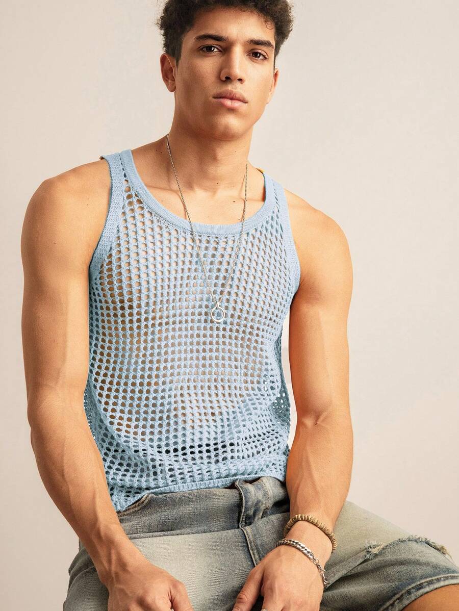 SWAVVY 男士针织时尚休闲宽松无袖毛衣背心 - 淺藍色 - 查看 1