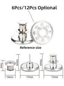 6 Pcs/12Pcs Jeans Buttons Replacement 17mm No Sewing Metal Button Repair Kit Nailless Removable Jean Buttons Replacement Combo Valentines Wedding, Birthday, Buttons, Sewing, Sewing Supplies, Sewing Accessories, Craft Supplies, DIY, Crafts For Adults - Silver - View 2