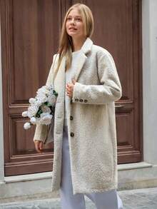 EURMUSE Women's Solid Soft Wool Button Front Elegant Coat - Beige - View 3