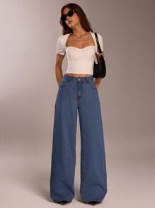 SHEIN Forever 21 春夏女士浪漫/舞会/正式/生日/90 年代/商务休闲/优雅/西部装/外出/时尚/休闲/千禧/俱乐部/办公室/鸡尾酒会/复古/狂欢/有趣/优雅/老钱/街头服饰/度假/乡村音乐会/工作/端庄/春假/单身派对/音乐会/坏人/基本款/毕业/蓝色低腰宽松直筒牛仔牛仔裤 - 藍色 - 查看 5