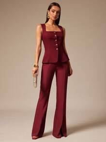 Silquee 优雅纯色西装马甲通勤夏季勃艮第上衣酒红色上衣金属扣装饰红色背心女西装马甲 - 酒紅色 - 查看 4