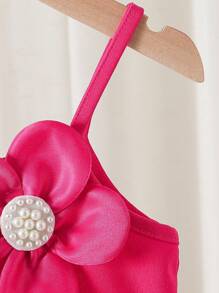 Young Girls Fuchsia Dress With 3D Beaded Floral Decor, Waist Cinched A-Line Long Sleeve Dress, Suitable For Birthday Party, Spring/Autumn