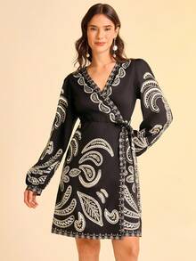 CAJUNI Vestido corto casual de manga larga con estampado para vacaciones de mujer - Multicolor - Ver 4