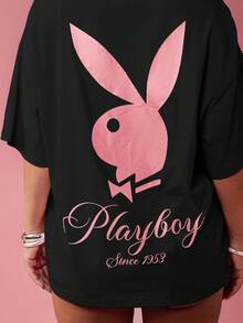 Missguided x Playboy 超大图案印花棉质 T 恤，侧开衩，兔子标志设计，个性 T 恤，休闲街头服饰，夏季春季时尚 - 黑色 - 查看 5