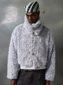 NEON BLANC Men's Fluffy Turtleneck Loose Faux Fur Jacket, For Fall Winter - Light Grey - View 2