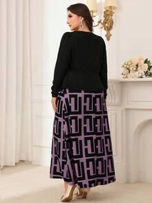 Modelyn Plus Size Spring & Fall Casual Solid Color Long Sleeve Top With Allover Print Dress Set 2 Pieces Set - Purple - View 2