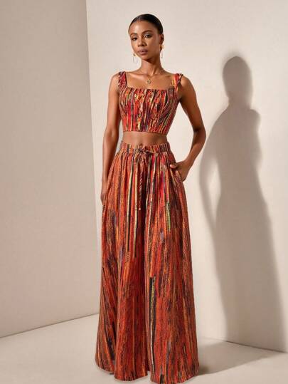 Zivah 2 Pieces Outfit: Printed Fish Bone Strap Top & Wide Leg Pants With Pockets, Textured Fabric Set, Suitable For Music Festival, Easter, St. Patrick's Day, Western, Nomadic, Birthday Party, Graduation, Academy, Daily Wear, Casual, Vacation, Cruise, Beach, Sunbathing, , Street Style, Wedding Guest, Commute, Brunch, Airport/ Boho Two Piece Set/ Festival Two Piece Outfit/ Two Piece Set Women Multicolor