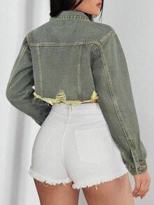 SHEIN ICON Casual Washed Frayed Hem Cropped Denim Jacket - Medium Wash - View 2