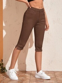 EMERY ROSE 休闲百搭纯色修身七分牛仔裤 - 咖啡棕 - 查看 5