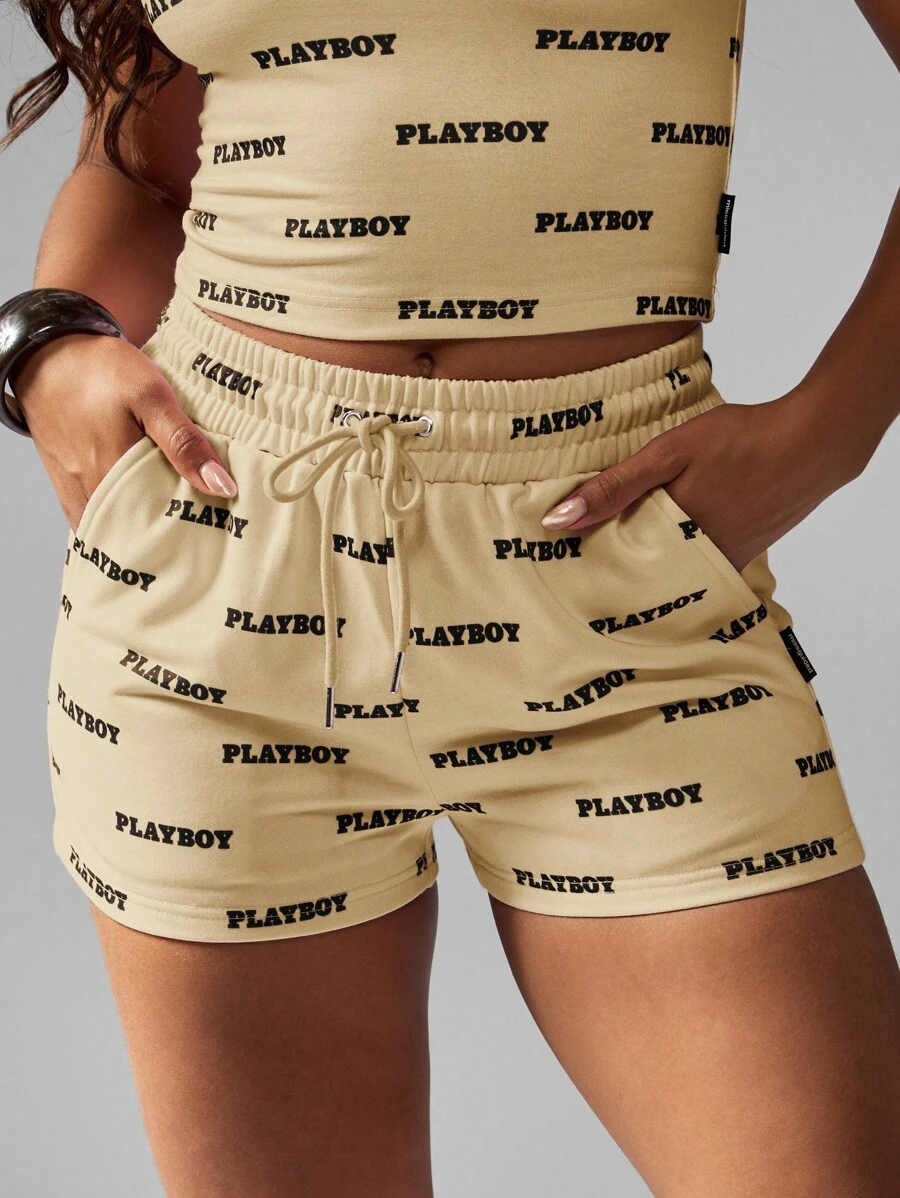Missguided x Playboy Quần short chạy bộ in họa tiết rút dây lưng cao co giãn mặc đi biển thường ngày mặc đi nghỉ mùa hè - Màu Khaki - Xem 1