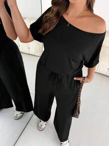SHEIN Essnce 女士加大码宽松舒适连体裤，露肩女装，休闲连体裤，外出服秋季女装 - 黑色 - 查看 4