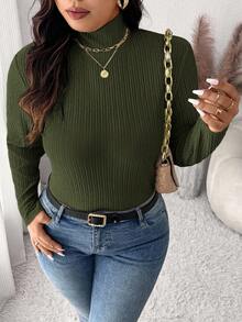 SHEIN Frenchy 女式加大码修身高领罗纹面料长袖T恤，百搭优雅 - 墨綠色 - 查看 5