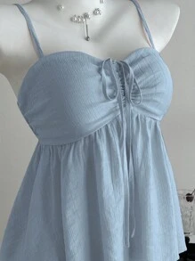 Franclia Áo hai dây nữ dễ thương màu trơn vải xếp ly hồng, áo mùa hè màu xanh dương, áo màu xanh baby, áo nữ màu xanh nhạt, áo babydoll nữ, áo mùa hè nữ - Màu xanh bụi bặm - Xem 4